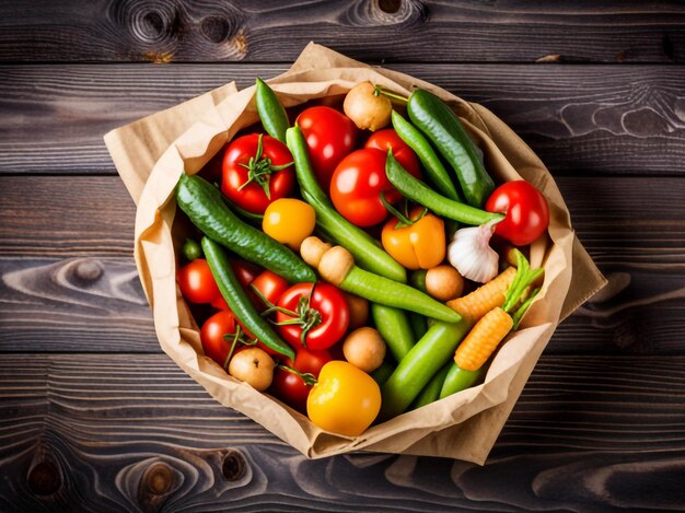 Photo top view of assortment of vegetables in paper bag