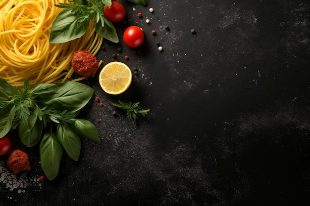 Top view of authentic ingredients for Italian pasta framed against a dark backdrop with ample space