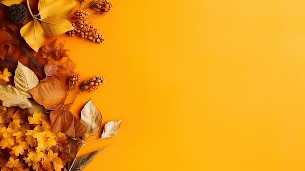 Top view autumn accessories left copyspace orange background