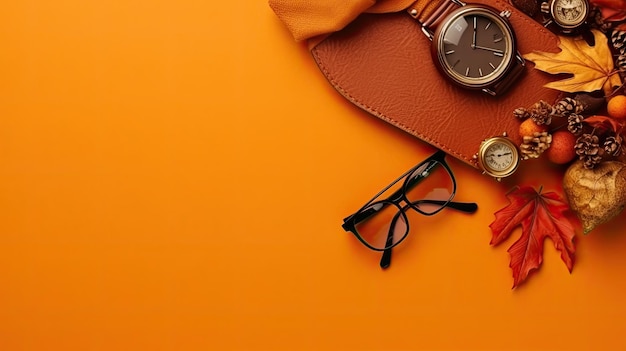 Top view autumn accessories left copyspace orange background