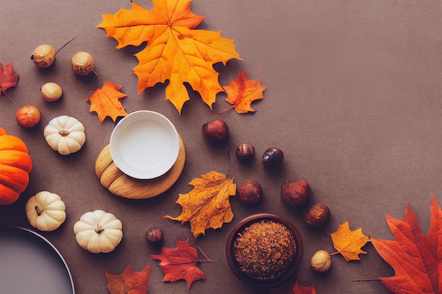Вид сверху на осенние плоские тыквы и урожай сушеных листьев и тему Дня Благодарения с копией пространства в стиле макета 3d-рендеринга