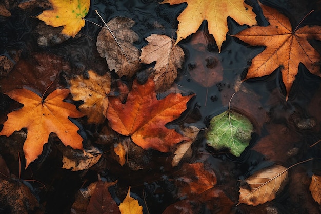Top view of autumn leaves on rain water floating perfect for a natural product backdrop for