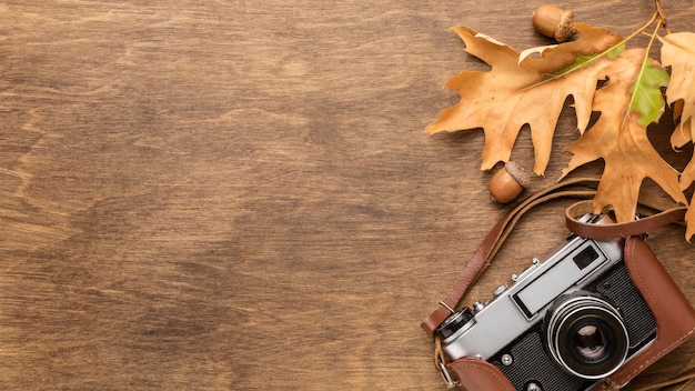 Top view of autumn leaves with camera and copy space