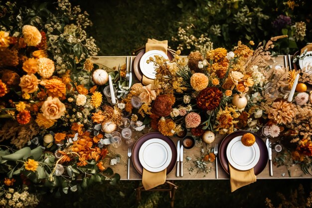 Photo top view of autumn table scape autumnal dinner table setting holiday tablescape for wedding birthday or party event celebration postprocessed generative ai