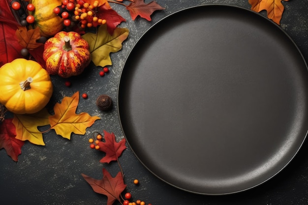 Top view of autumn themed plate with cutlery on graphite background evoking Halloween and Thanksgivi