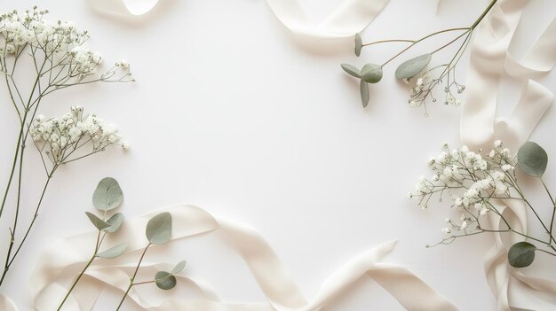 Photo top view baby39s breath gypsophila flowers white ribbon on a white background