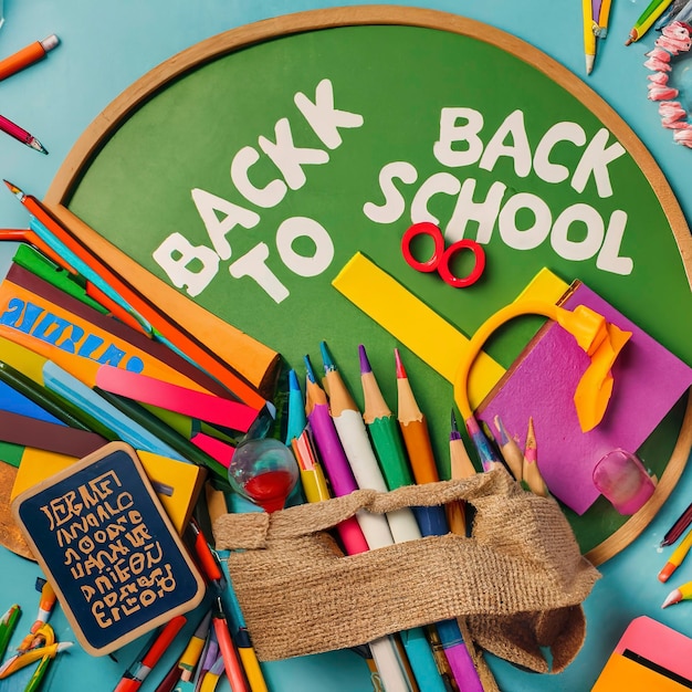 Top view of back to school inscription with colorful letters arranged with education supplies of pencils books and arranged on desk against vivid blue background