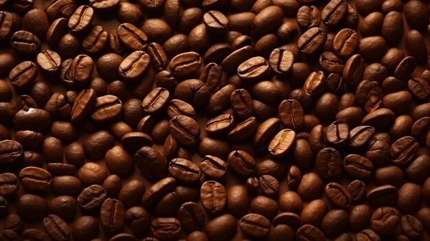 Top view background of aromatic brown coffee beans scattered on surface