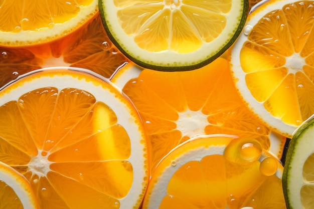 Foto vista superiore dello sfondo di fette di limoni frutta sana acida con buccia di diversi colori ia generativa