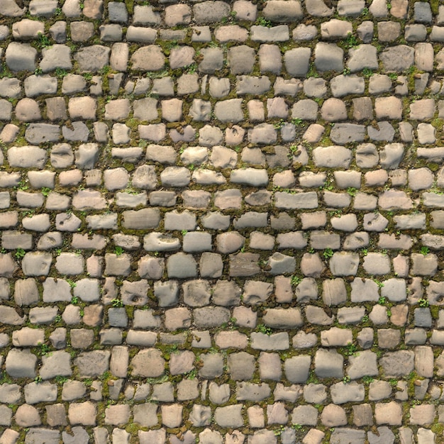 top view background texture of cobblestone floor with grass