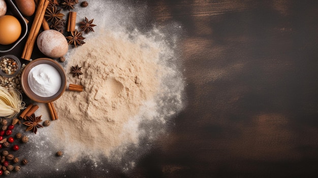 Top view of baking ingredients on wooden background with copy space for text