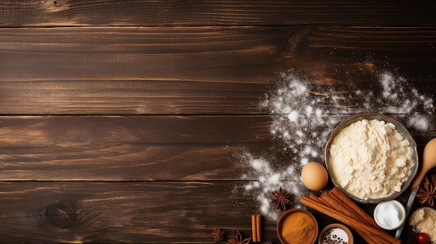 Photo top view of baking ingredients on wooden background with copy space for text