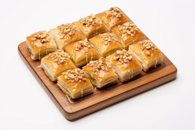 Top View Baklava op een houten plank op een witte achtergrond