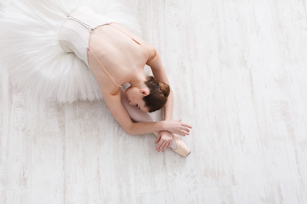 Top view of ballerina in pointe shoes