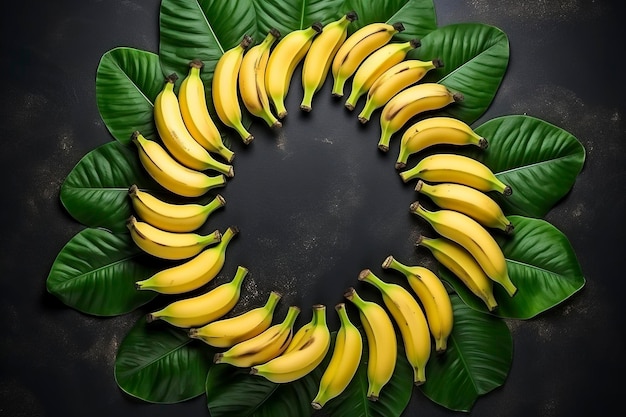 Photo top view of banana composition dark background and copy space