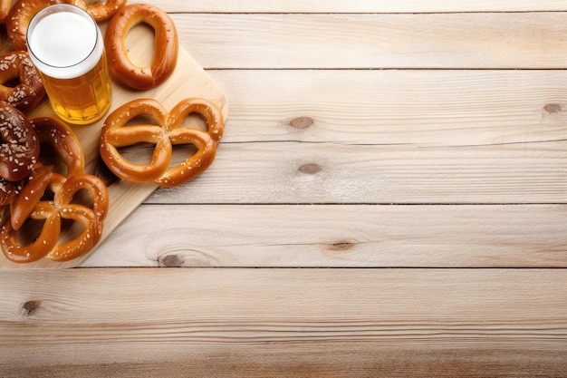 Top view banner format of Bavarian pretzels with beer bottle mug on a white wooden background at Okt