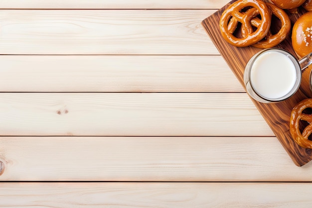 Okt の白い木製の背景にバイエルンのプレッツェルとビール瓶のマグカップの上面ビュー バナー形式