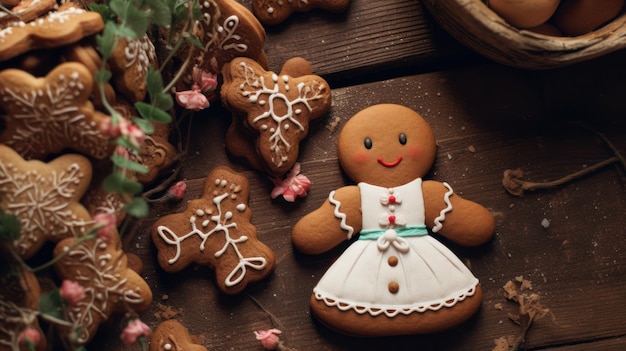 Top view banner van girly gingerbread meisje in jurk icing cottagecore kerst esthetiek
