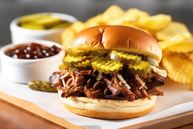 Top view of a barbecue beef sandwich with pickles