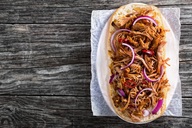 Top View of Barbeque Pulled Pork Ciabatta Sandwich