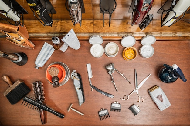 Top view barber tools on the shelf in the barbershop High quality photography