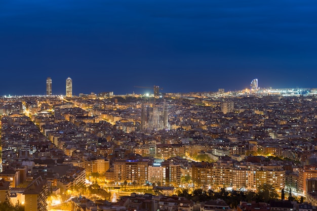 Top view of barcelona city skyline during evening in barcelona, catalonia, spain