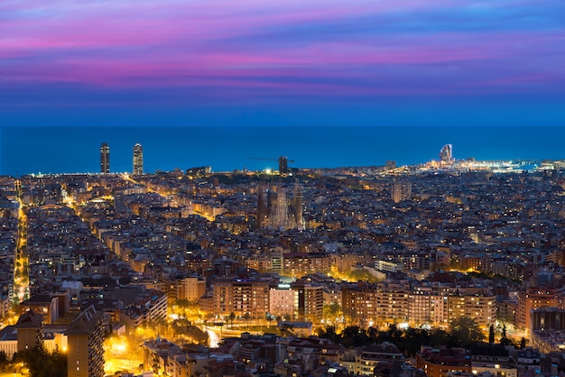 Top view of Barcelona city skyline during evening in Barcelona, Catalonia, Spain.