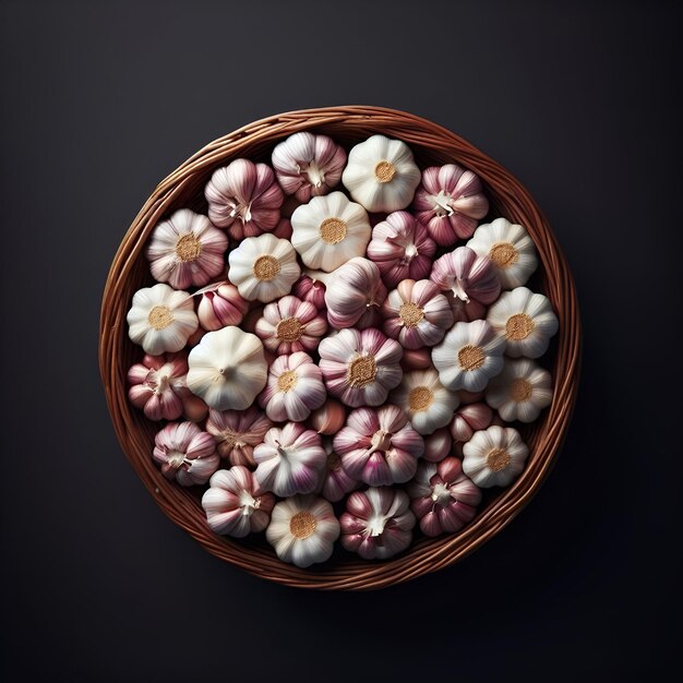 A top view basket of garlics on a black surface with a dark background