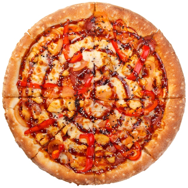 Top view on BBQ Chicken pizza with tomatoes and paprika isolated on white background.