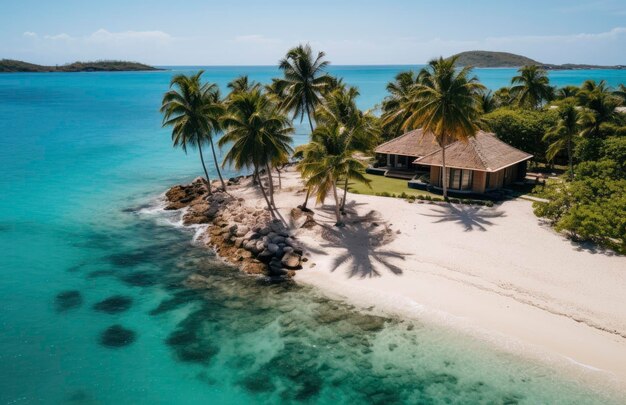 Top view of a beach with blue water and a hotel