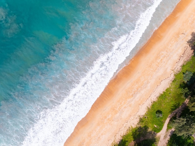 Top view beach with waves crashing on sandy shoreBeautiful waves sea surface in summer seascape backgroundAmazing beach colorful water background