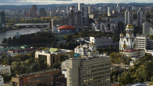 Top view of beautiful city with modern buildings on sunny summer day stock footage large modern city