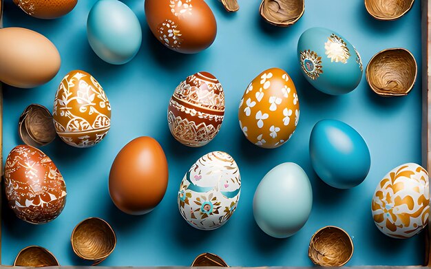 Высокий вид красивых пасхальных яиц с многоцветным цветом на синем фоне