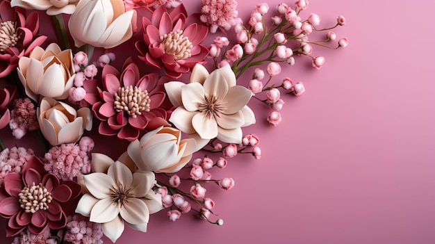 top view of beautiful flowers on pink background for valentine banner or poster