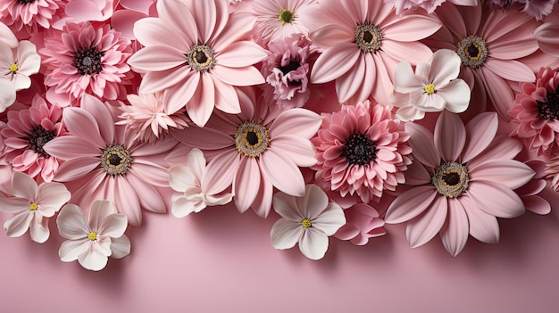 Photo top view of beautiful flowers on pink background for valentine banner or poster