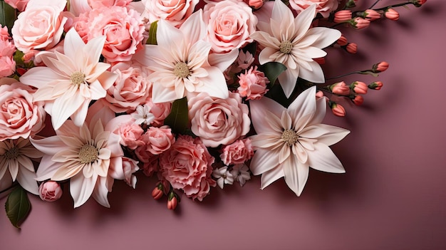 top view of beautiful flowers on pink background for valentine banner or poster