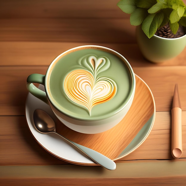 Top view of beautiful heart shape latte art in sage green coffee cup saucer on wooden table with em