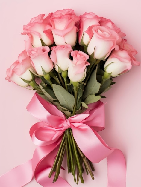 Top view beautiful roses bouquet with pink ribbon generative ai