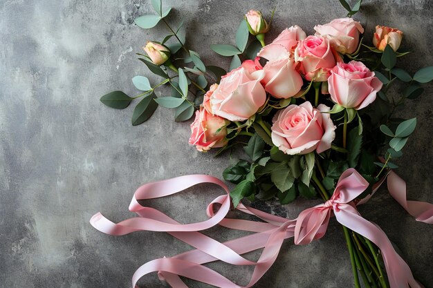 Top view beautiful roses bouquet with pink ribbon