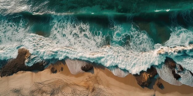 Top view of a beautiful tropical beach with sea wavesaerial view panoramic shot generative ai