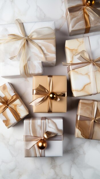 Top view of beautifully wrapped presents with golden ribbons and shiny ornaments