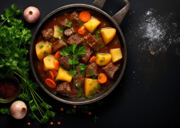 Photo top view beef meat and vegetables stew in black bowl slate background
