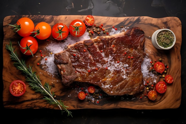 Top view of beef steak with salt herbs and cherry tomato served on board