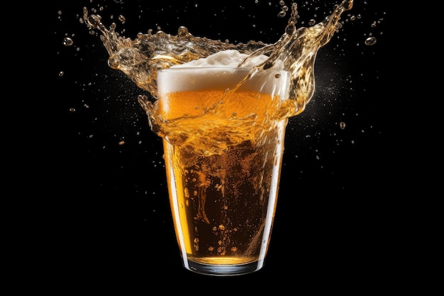 白い背景に飛び散るビールグラスの平面図