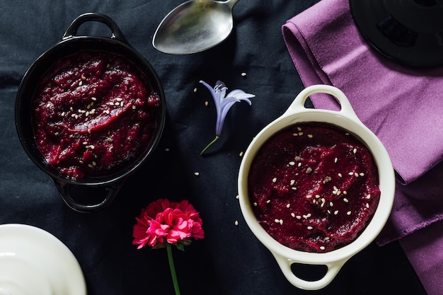 Top view of beet hummus