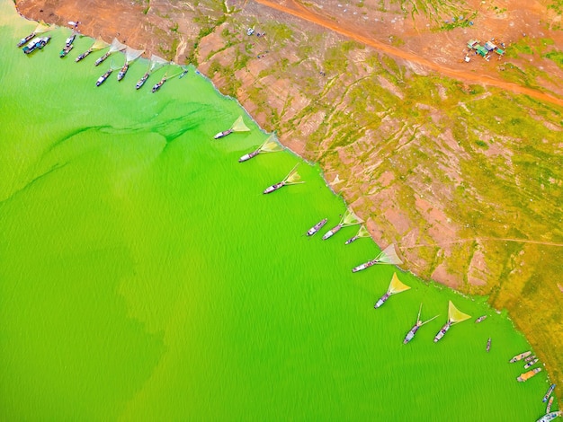 Top View of Ben Nom fishing village fresh green image of the green algae season on Tri An lake with many traditional fishing boats anchored in Dong Nai Vietnam