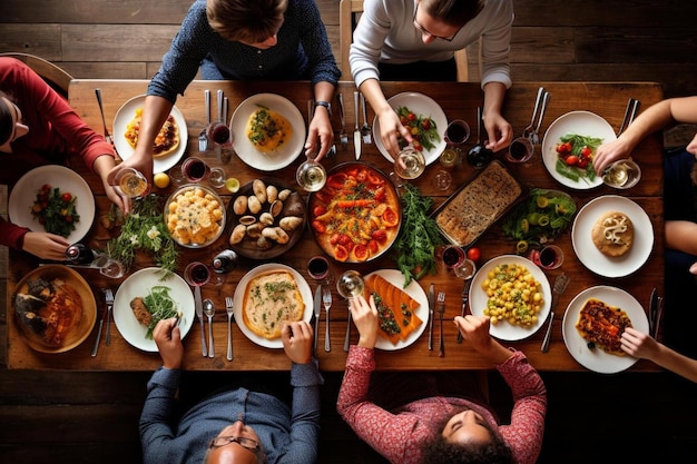 top view of best friends dinning together happy friends celebrating holidays and traditions concept