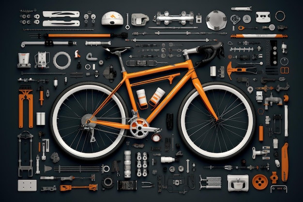 Photo top view of bicycle and parts of it bicycle and parts to it layout beautiful illustration picture