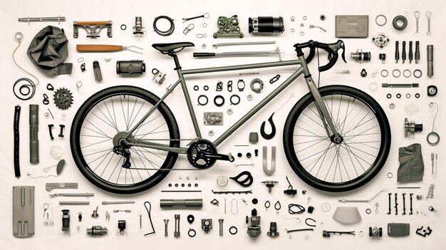 Photo top view of bicycle and parts of it bicycle and parts to it layout generative ai illustration