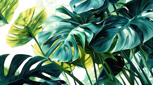 Верхний вид больших зеленых пальмовых листьев и растения монстеры на белом фоне для размещения продукта или текста Концепция курорта и отдыха